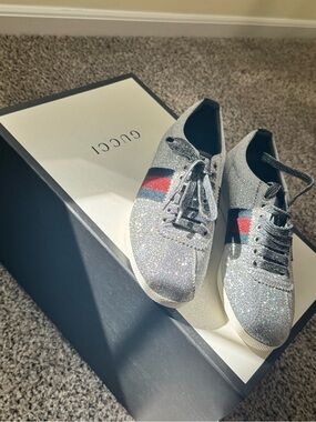 Gucci Silver Glitter Sneakers with Red and Blue Web Stripe